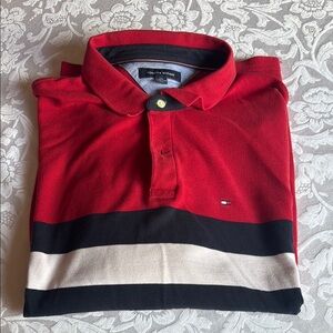 Tommy Hilfiger Red and Black Long Sleeve Polo Shirt Classic Style